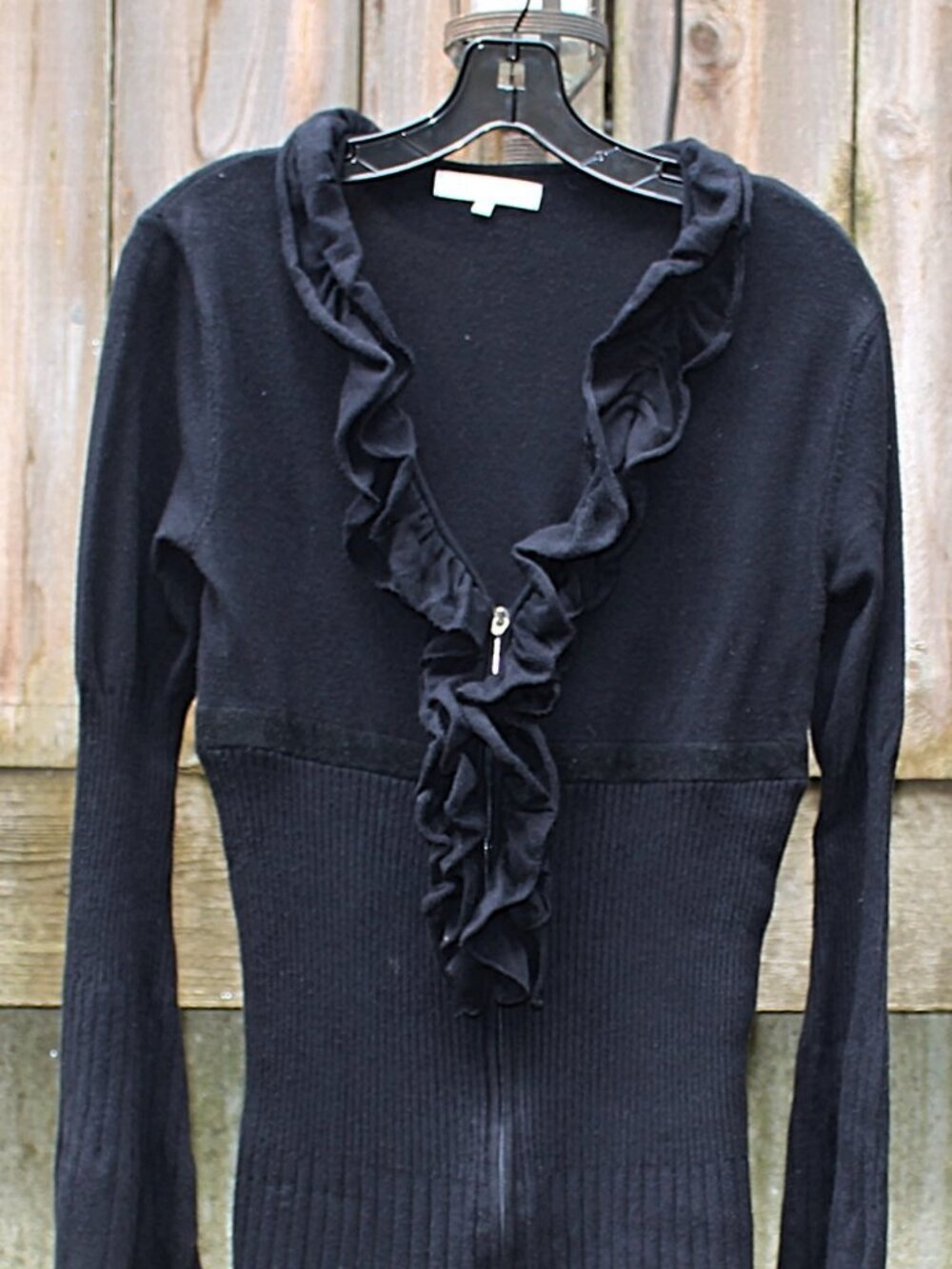 Anne Fontaine "Anathilde" Full Zip, Longline Cardigan with Ruffle Trim - sz 42
